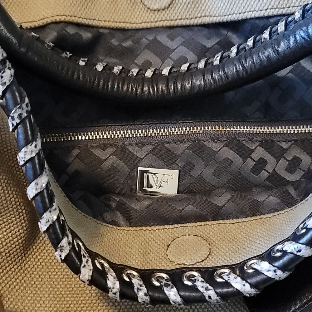 Diane Von Furstenberg Khaki Canvas and Black Leather Hobo with Silver Hardware